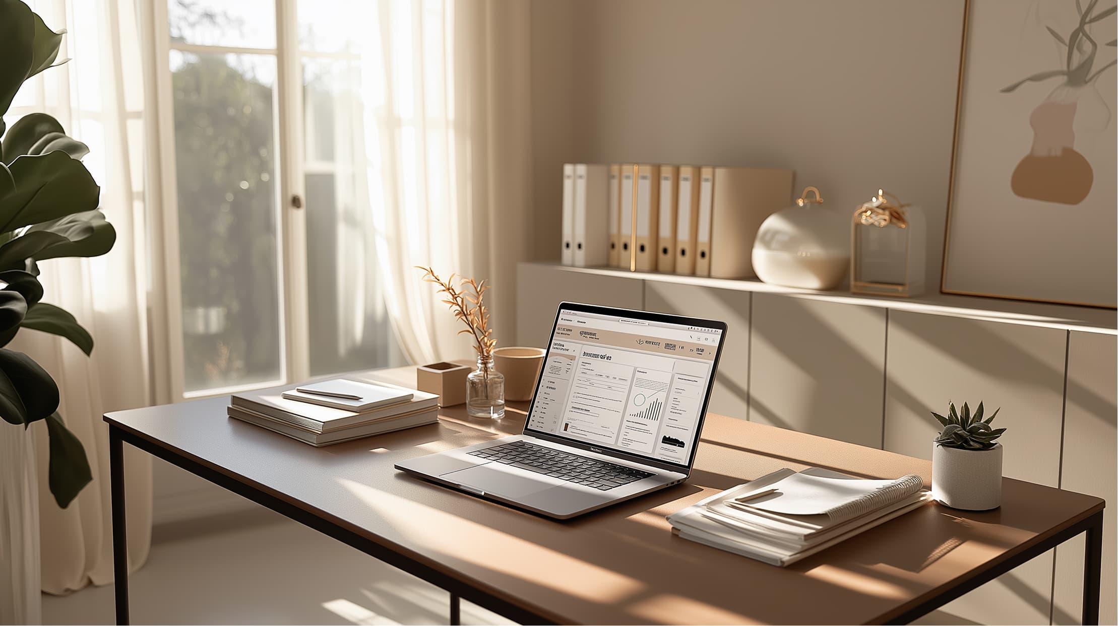 A sunlit office desk with case binders and a laptop